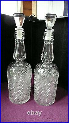 2 Vtg 750 ml Cut Crystal HEAVY Glass Liquor Bottle Decanters with Stoppers