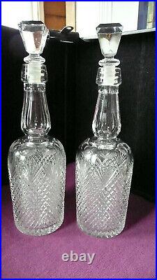 2 Vtg 750 ml Cut Crystal HEAVY Glass Liquor Bottle Decanters with Stoppers