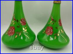 2 Vtg Green Cased Glass Genie Decanter Squat Bottles Gold Pink Rose Hand Blown