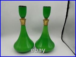 2 Vtg Green Cased Glass Genie Decanter Squat Bottles Gold Pink Rose Hand Blown