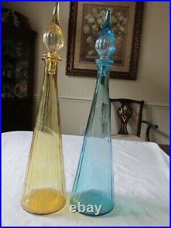 2 Vtg MCM Empoli Italian Glass Amber & Blue Ribbed Genie Bottle Decanters 18.25
