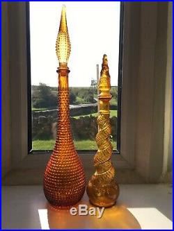 2 X Vintage 1960s Glass Genie Bottles Amber Decanters Italy Empoli Job Lot