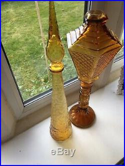 2 X Vintage 1960s Glass Genie Bottles Yellow Amber Decanters Italy Empoli Lot