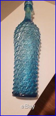 21 Vintage Italian Art Glass Tall Genie Bottle Decanter Turquoise Diamond Point