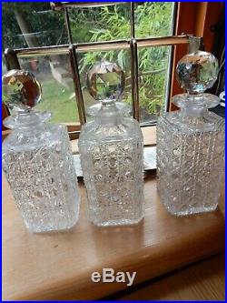 3 Decanter TANTALUS Vintage Silver Plate Hobnail Cut Glass Atkin Bros Hallmark
