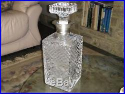 3 QUALITY vintage SOLID SILVER collar cut glass decanters + solid oak tantalus