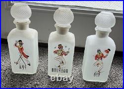 3 Vintage Rare Vaudeville Frosted Decanters Rye Bourbon Gin Rare 1950s Americana