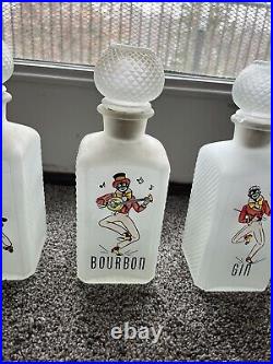3 Vintage Rare Vaudeville Frosted Decanters Rye Bourbon Gin Rare 1950s Americana