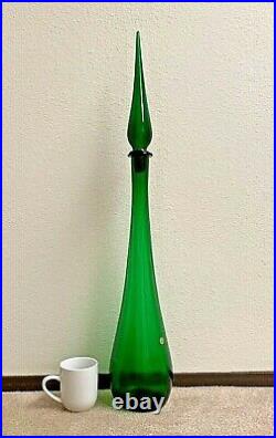 32 H XL Italian Empoli Emerald Green Glass Genie Bottle Decanter Empty RARE
