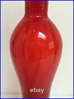 55.5cm Vintage Italian Red Hand Blown Hour Glass Optical Genie Bottle Decanter