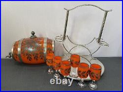 6 Stemmed SHOT GLASSES Czecho KEG DECANTER Orange Silver VINTAGE With Rack Stand