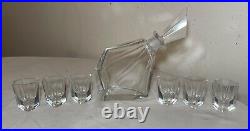 7 piece vintage clear crystal French Art Deco shot glass leaning decanter set