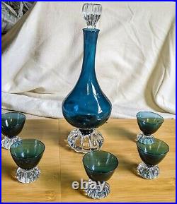 7pcs Vintage Swedish Indigo ASEDA Bergstrom Crystal Art Glass Decanter Set MINT