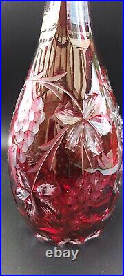Ajka Bohemian Cranberry Cut to Clear Glass Decanter, Paneled, 11.5, Vintage