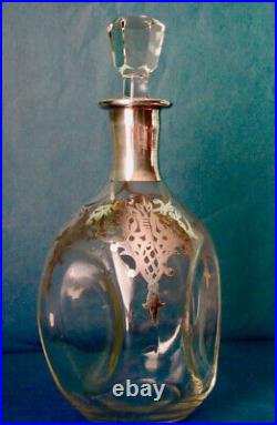 Antique Art Nouveau Wine Decanter Glass Silver Overlay 11 ca. 1900