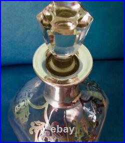 Antique Art Nouveau Wine Decanter Glass Silver Overlay 11 ca. 1900