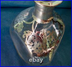 Antique Art Nouveau Wine Decanter Glass Silver Overlay 11 ca. 1900