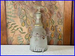 Antique Bohemian Hand Painted Rose Vine Floral Opaline Glass Decanter