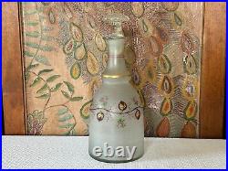 Antique Bohemian Hand Painted Rose Vine Floral Opaline Glass Decanter