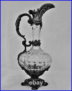 Antique French white metal mounted Gothic shaped cut glass claret jug circa 1875