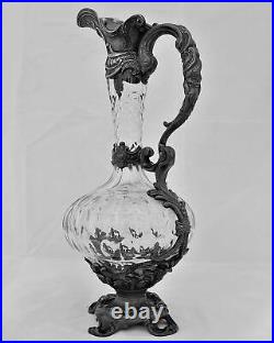 Antique French white metal mounted Gothic shaped cut glass claret jug circa 1875