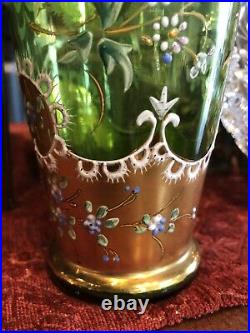 Antique Green Glass with Gilt Moser Hand Painted Vase Bohemian