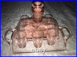 Antique RARE Vintage PINK Bar 8pc Set DECANTER 6 Shot Glass & UNDER TRAY Elegant