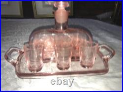 Antique RARE Vintage PINK Bar 8pc Set DECANTER 6 Shot Glass & UNDER TRAY Elegant