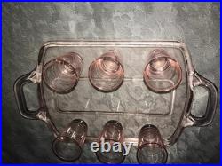 Antique RARE Vintage PINK Bar 8pc Set DECANTER 6 Shot Glass & UNDER TRAY Elegant
