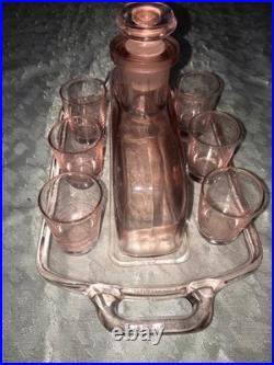 Antique RARE Vintage PINK Bar 8pc Set DECANTER 6 Shot Glass & UNDER TRAY Elegant