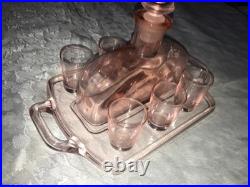 Antique RARE Vintage PINK Bar 8pc Set DECANTER 6 Shot Glass & UNDER TRAY Elegant