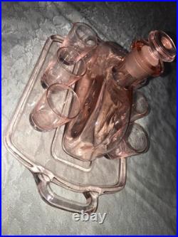 Antique RARE Vintage PINK Bar 8pc Set DECANTER 6 Shot Glass & UNDER TRAY Elegant