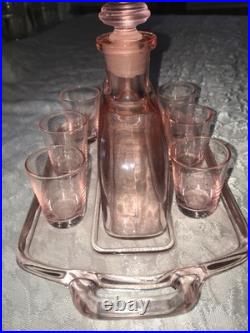 Antique RARE Vintage PINK Bar 8pc Set DECANTER 6 Shot Glass & UNDER TRAY Elegant