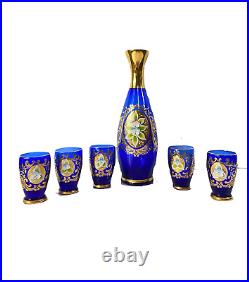 Antique Set of 6 Glass Gold Flower Petal Leaf Decanter Mini Glasses Barware Blue