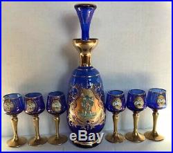 Antique Vintage Cobalt Blue Gold Hand Painted Liqueur Set Decanter 6 Cordials