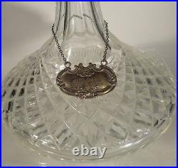 Antique Vintage Cut Glass Decanter Sterling Silver Brandy Label Crystal Bar