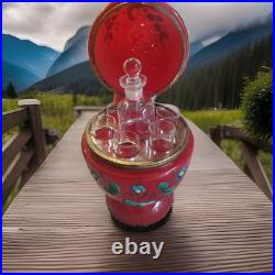 Antique Vintage Czech Coralene Red Glass Egg Tantalus Decanter Peacock Communion