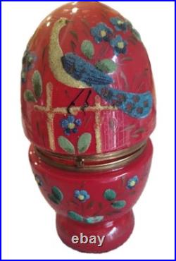 Antique Vintage Czech Coralene Red Glass Egg Tantalus Decanter Peacock Communion