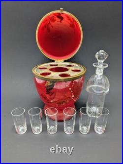 Antique Vintage Czech Coralene Red Glass Egg Tantalus Decanter Peacock Communion