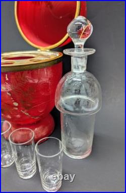 Antique Vintage Czech Coralene Red Glass Egg Tantalus Decanter Peacock Communion