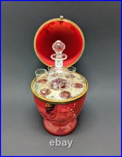 Antique Vintage Czech Coralene Red Glass Egg Tantalus Decanter Peacock Communion