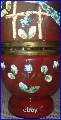 Antique Vintage Czech Coralene Red Glass Egg Tantalus Decanter Peacock Communion