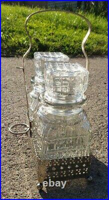 Antique Vintage Glass Decanter Set with Metal Caddy Carrier England Whiskey Liquor