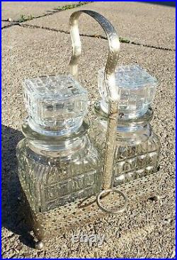 Antique Vintage Glass Decanter Set with Metal Caddy Carrier England Whiskey Liquor