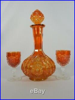 Antique Vintage Imperial Hobstar Carnival Glass Decanter Set Glasses Marigold