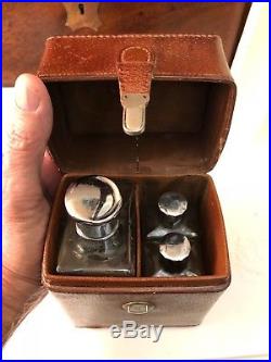 Antique Vintage Leather Traveling Tantalus Case With Set Of 3 Glass Bottles