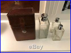 Antique Vintage Leather Traveling Tantalus Case With Set Of 3 Glass Bottles