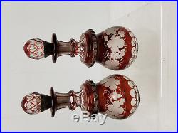 Antique Vintage Pair of Flashed Ruby Red Cut Glass Etched Decanter Bottle