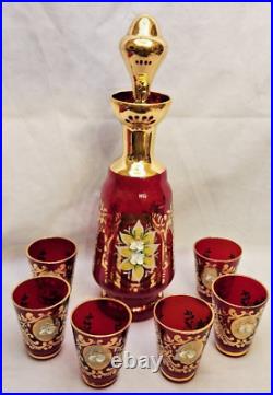 Antique Vintage Ruby/Red 3D Italian Murano Decanter set with 6 shot glasses