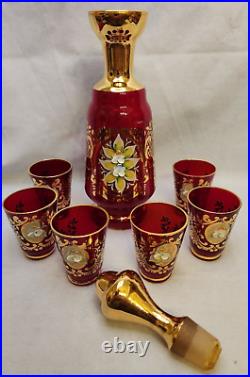 Antique Vintage Ruby/Red 3D Italian Murano Decanter set with 6 shot glasses